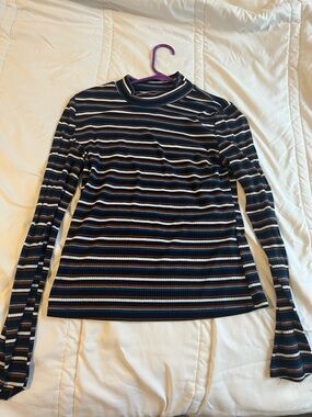 Striped Long-Sleeve Mock Neck Top in Navy and Cream